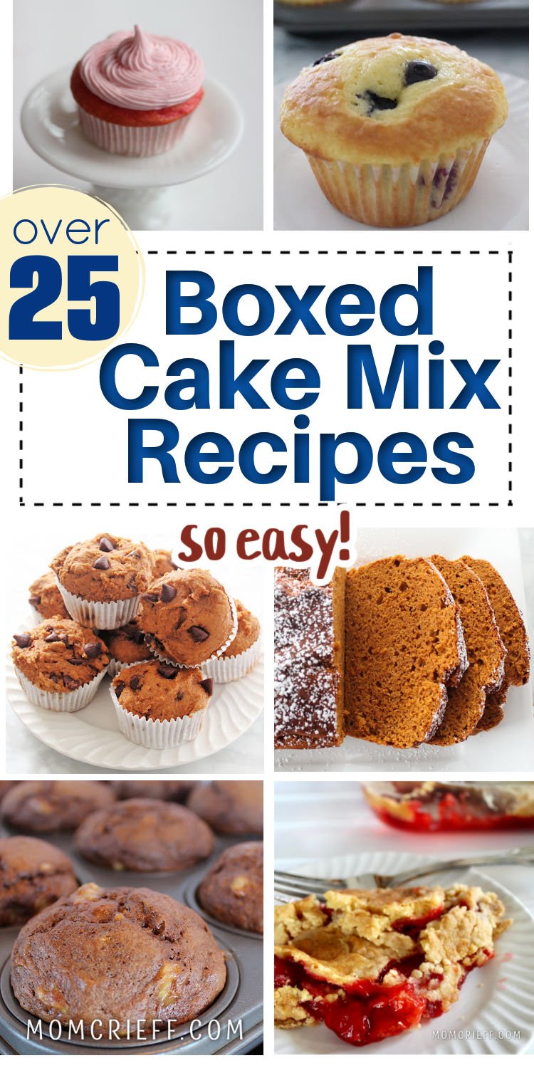 Collage of baked goods made with boxed cake mix. includes muffins, cobblers, dump cakes and upside down cakes.