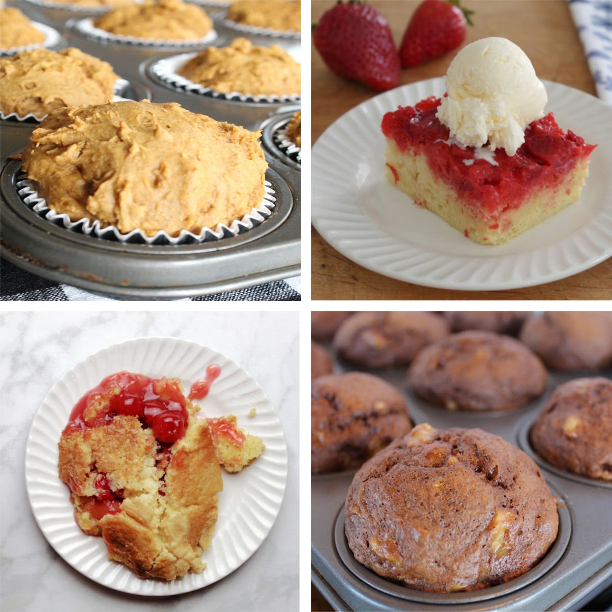 baked goods made of cake mix.  Includes pumpkin muffins, blueberry banana muffins, cherry dump cake and strawberry upside down cake.