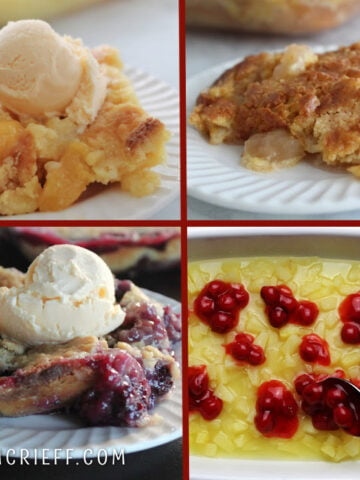 collage of dump cakes including peach cump cake, apple dump cake blackberry dump cake and a process shot for cherry pineappledump cake.