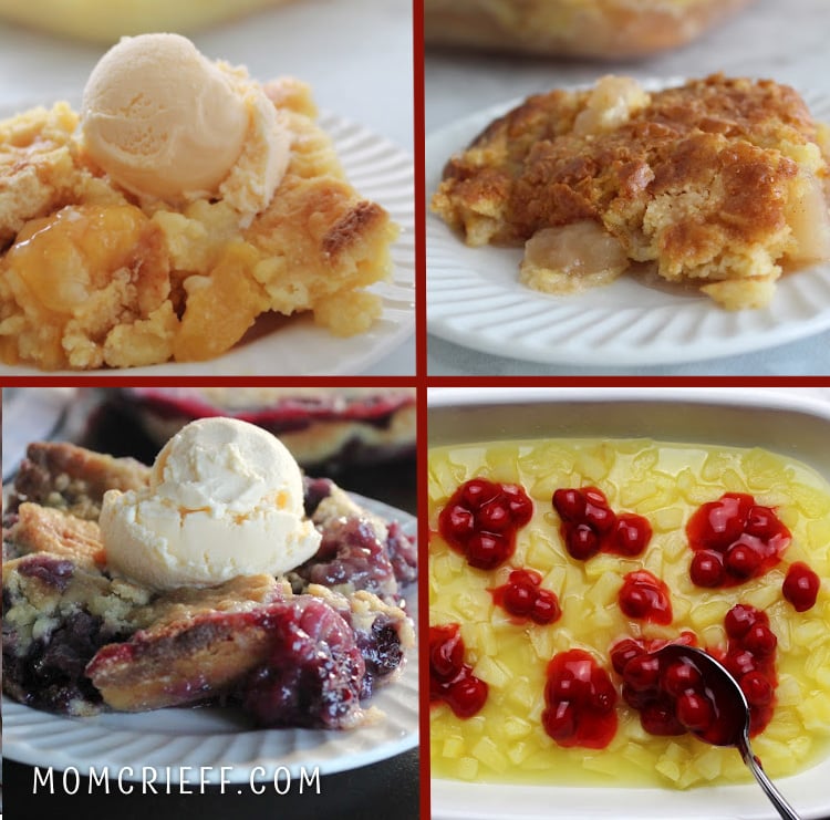 collage of dump cakes including peach cump cake, apple dump cake blackberry dump cake and a process shot for cherry pineappledump cake.