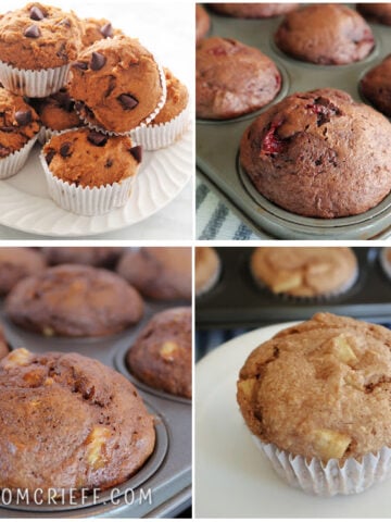 collage of 4 muffins including pumpkin muffins, chocolate cherry muffins, chocolate banana muffins and banana muffins.