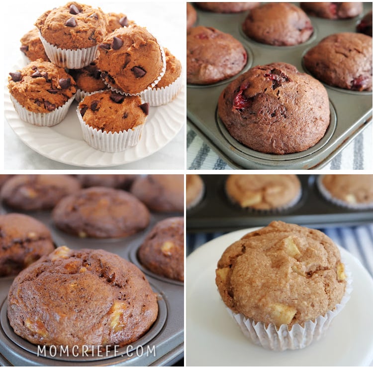 collage of 4 muffins including pumpkin muffins, chocolate cherry muffins, chocolate banana muffins and banana muffins. 