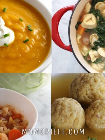 Winter soups including butternut squash with leek, tortellini spinach, vegetable and cabbage and mazo ball soup