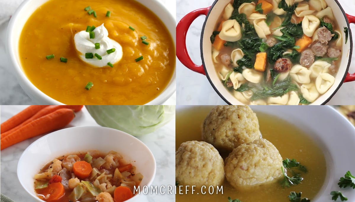 Winter soups including butternut squash with leek, tortellini spinach, vegetable and cabbage and mazo ball soup