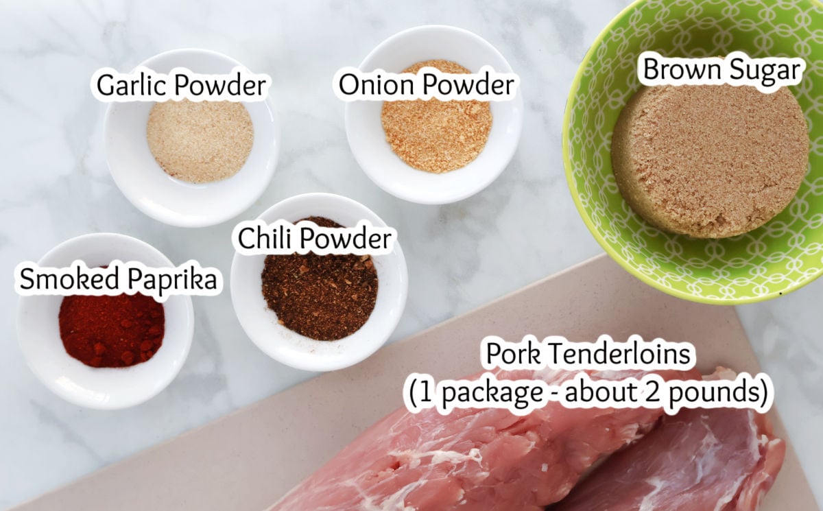 pork tenderloin rub ingredients including brown sugar, onion powder, garlic powder, chili powder and smoked paprika.