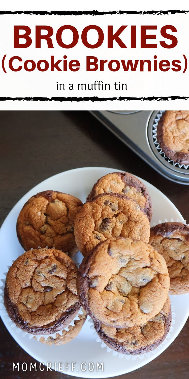 Brookies on a white plate.  These brookies are brownie on the bottom, chocolate chip cookies on the top baked in muffin tins.