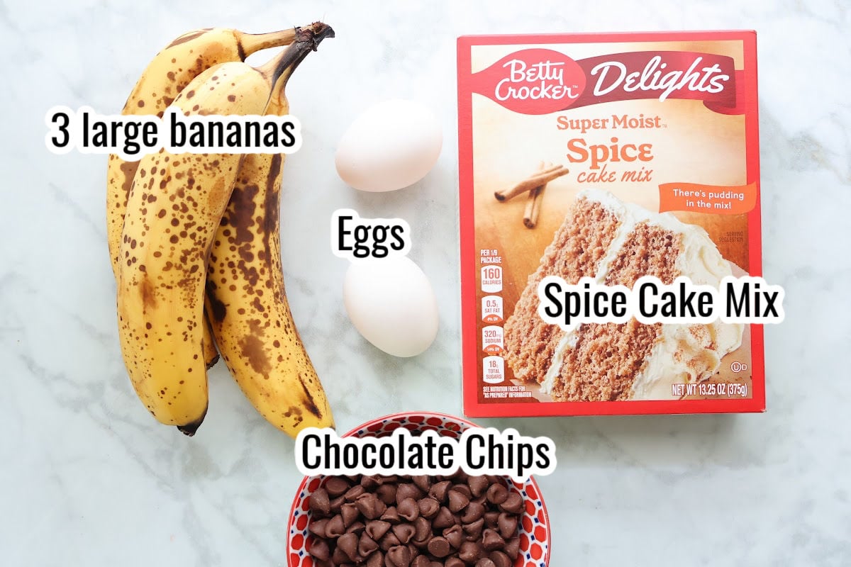 banana bread ingredients including bananas, eggs, spice cake mix and chocolate chips