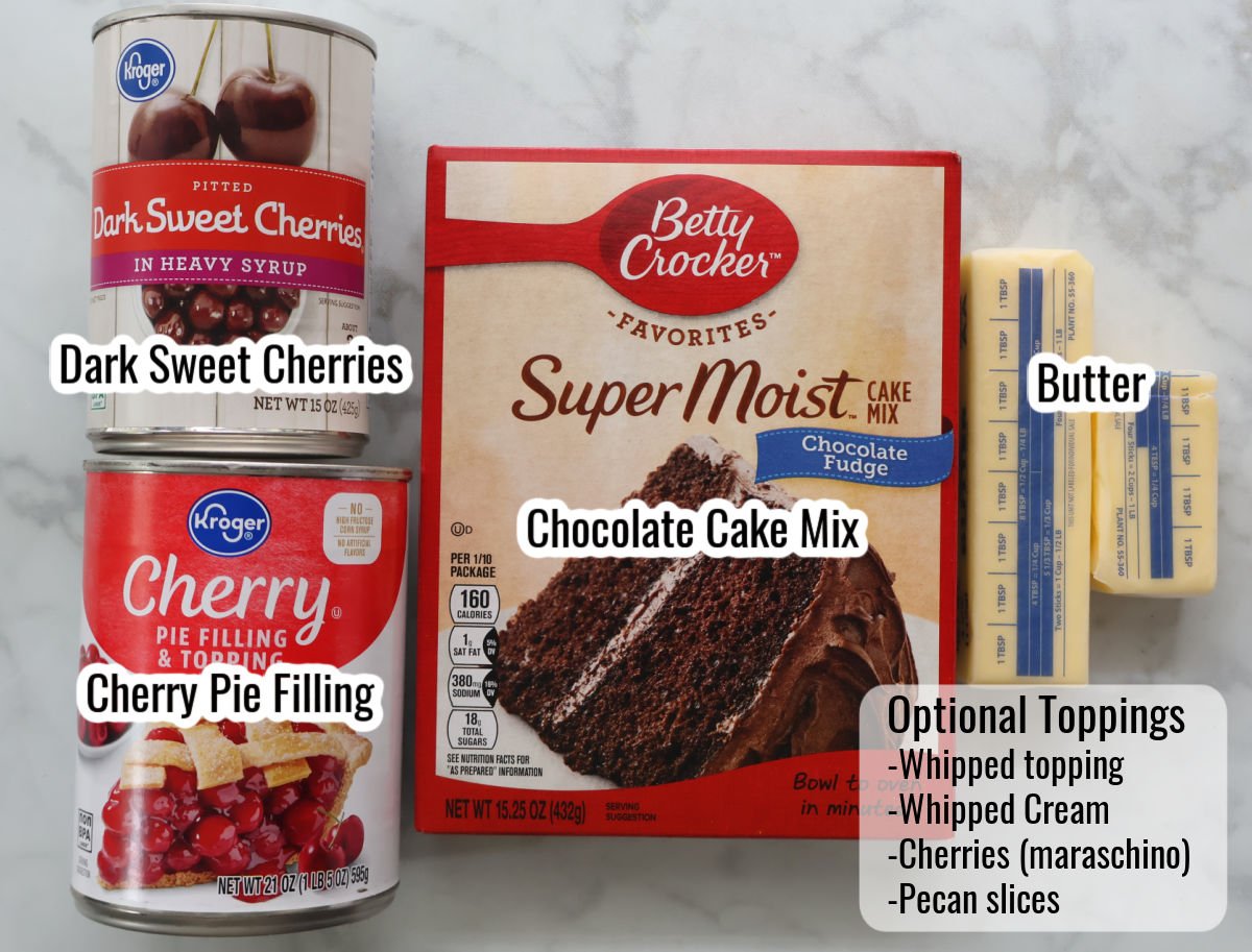 Ingredients for black forest dump cake includes two cans of cherry pie filling, chocolate cake mix and butter. Text suggests optional toppings to included whipped topping and maraschino cherries.