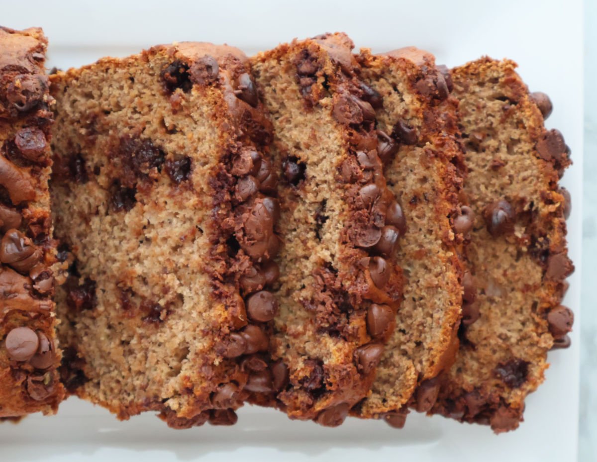 Slices of banana bread made with cake mix and bananas, showing the moist texture and chocolate chip pieces.