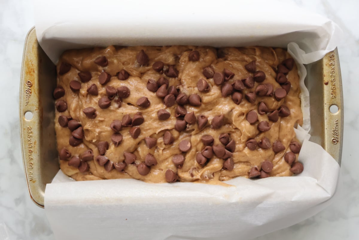 4 ingredient banana loaf pan ready for the oven. Lots of chocolate chips on top!