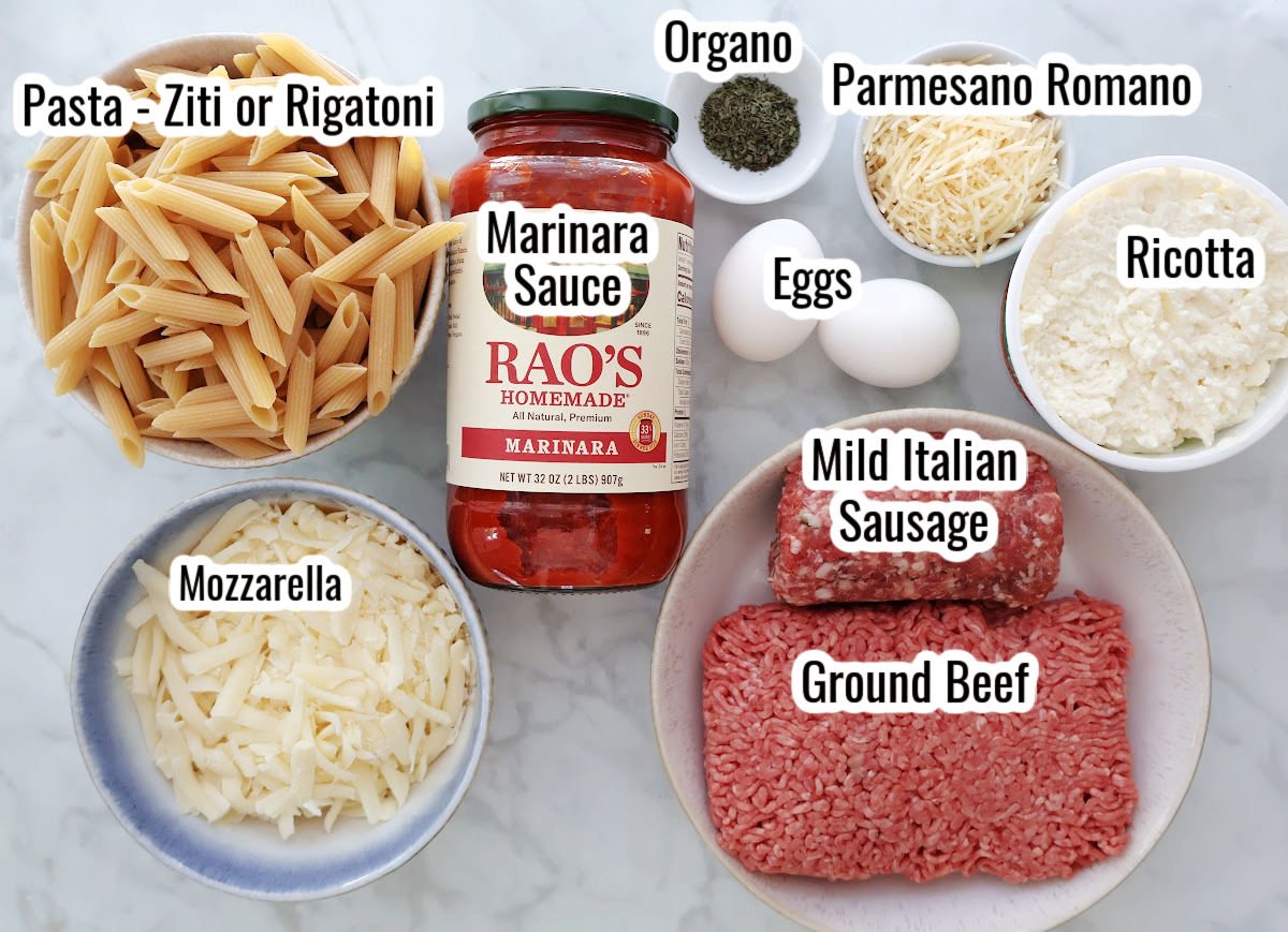 Ingredients for baked ziti (or baked rigatoni)>  Includes pasta, marinara sauce, mozzarella, Eggs, mild itialian sausage, ground beef, parmesan, ricotta, eggs.
