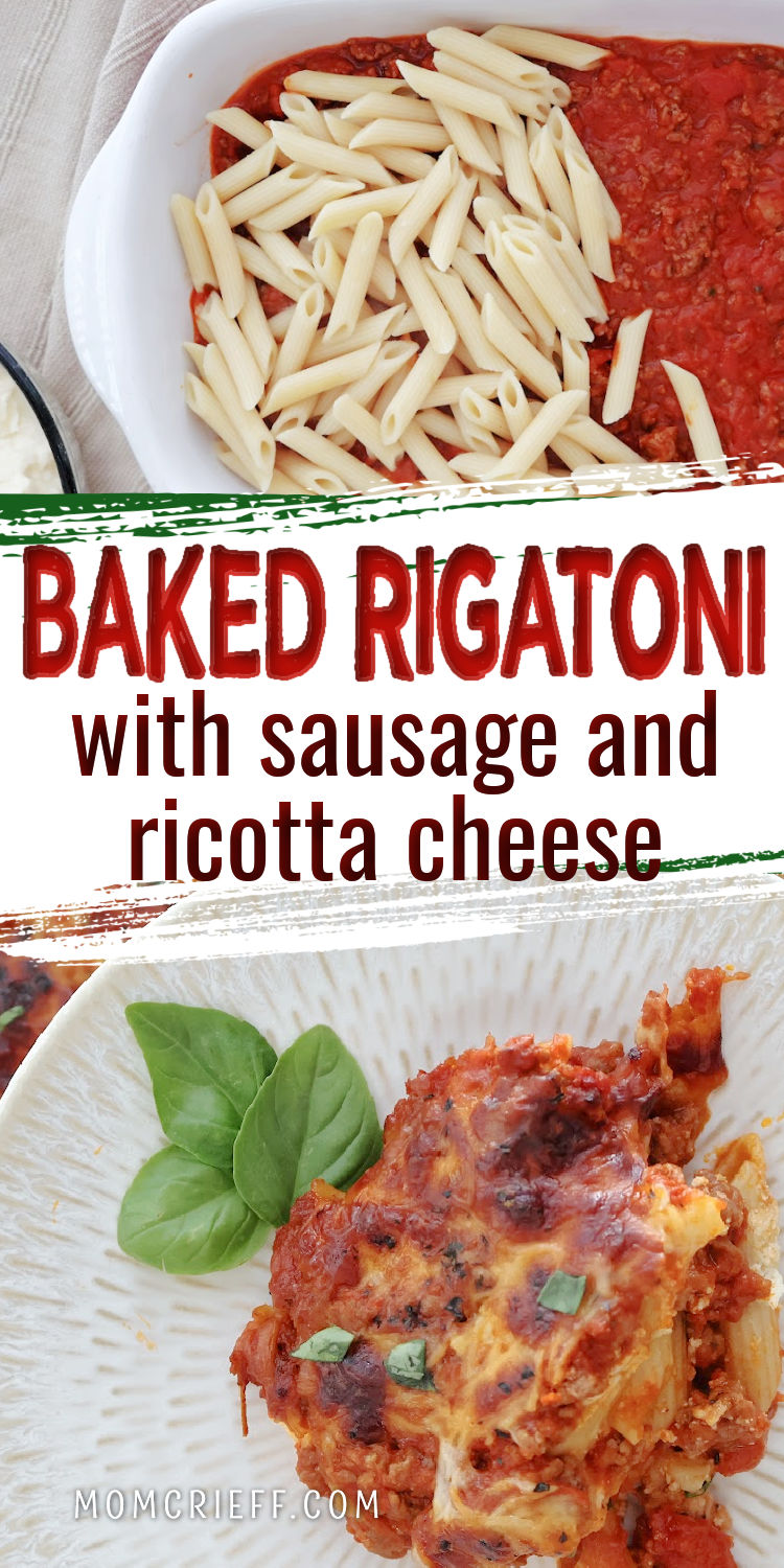 Close-up of cheesy baked pasta with sausage and mozzarella on a white plate. Text says baked rigatoni with sausage and ricotta cheese.