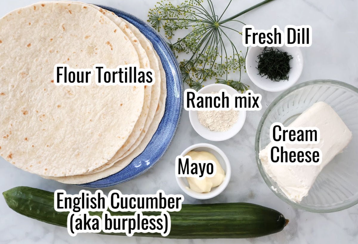 ingredients for cucumber pinwheel appetizer that includes ranch dressing and cream cheese.