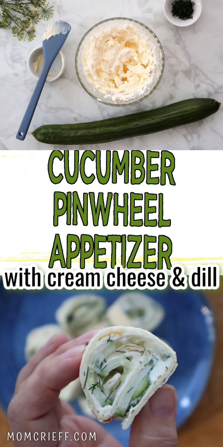 Cream cheese and cucumber tortilla roll ups garnished with chopped dill