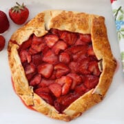 Overhead shot of homemade strawberry galette with crispy edges