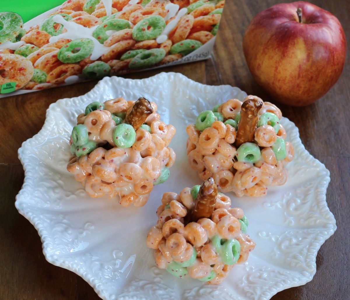 Apple Jack Cereal Apples on a white plate.