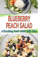 Blueberry Peach Feta Salad served in a white bowl with fresh basil garnish. Juicy peaches, blueberries, sliced cucumber, and crumbled feta are tossed in a light basil lemon vinaigrette. A fresh, colorful summer salad that’s perfect for picnics or potlucks.