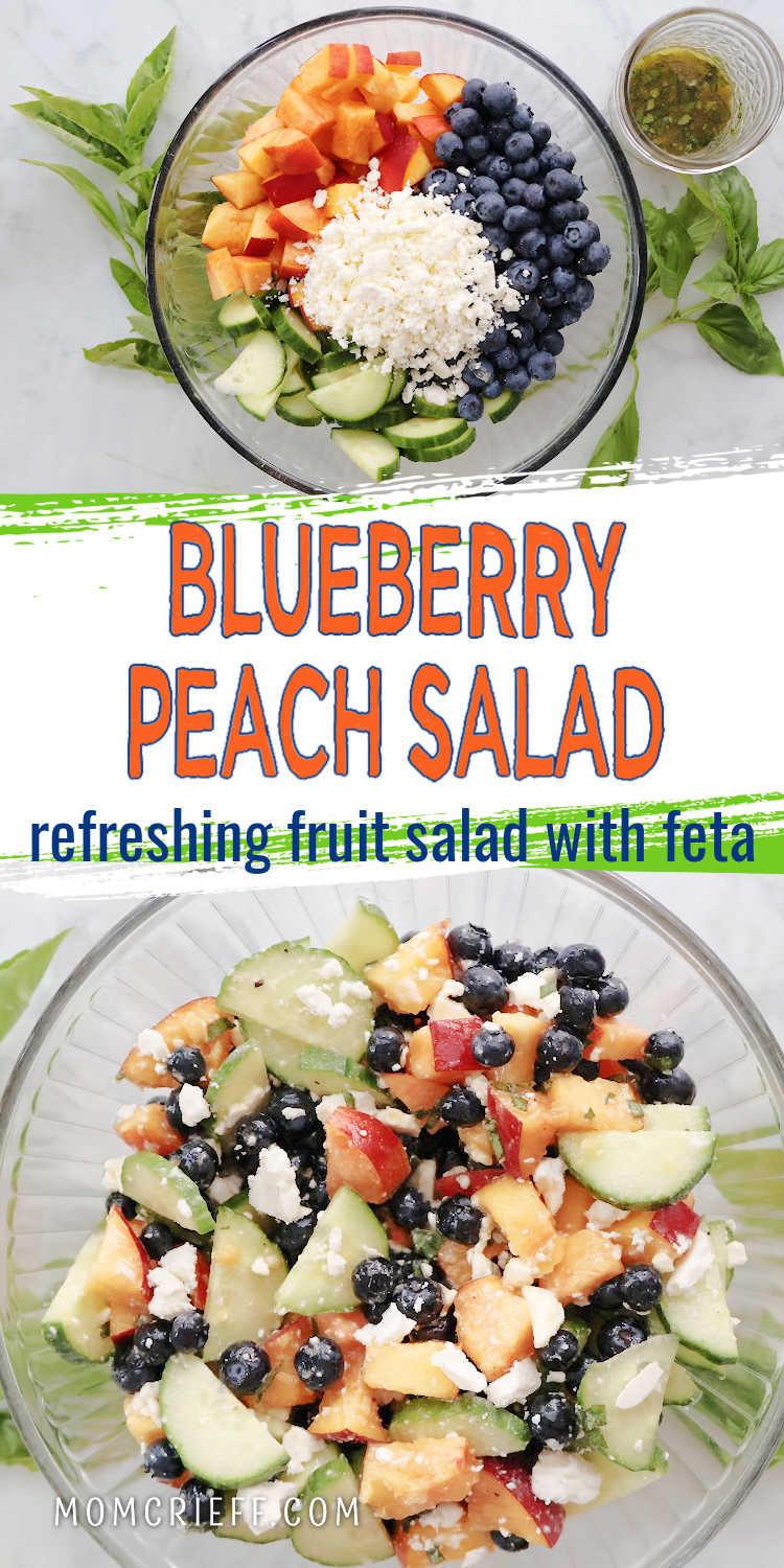 Blueberry Peach Feta Salad served in a white bowl with fresh basil garnish. Juicy peaches, blueberries, sliced cucumber, and crumbled feta are tossed in a light basil lemon vinaigrette. A fresh, colorful summer salad that’s perfect for picnics or potlucks.