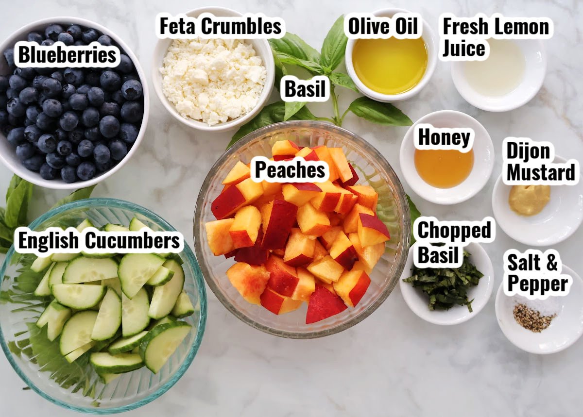 Ingredients for peach blueberry feta salad prepped to combine.  Includes blueberries, cucumbers, peaches, feta salad, basil and simple dressing ingredients. 