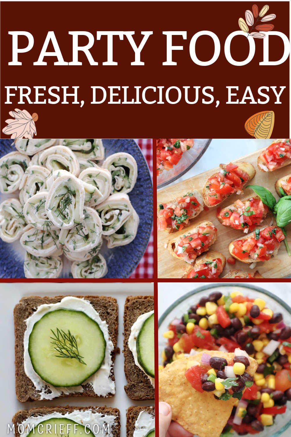 Party foods including a collage of appetizers. Cucumber pinwheels, bruschetta, cucumber appetizers, black been and corn salsa.