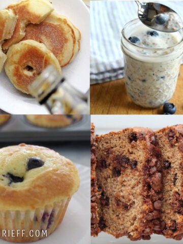 Collage of easy back to school breakfasts including apple pancakes, blueberry muffins and overnight oats plus pumpkin chocolate chip bread.