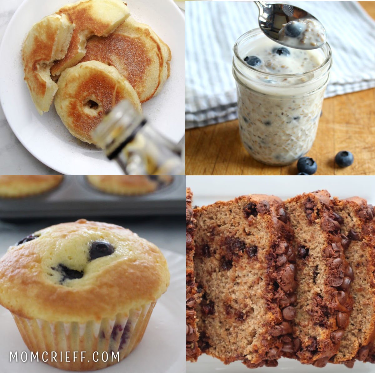 Collage of easy back to school breakfasts including apple pancakes, blueberry muffins and overnight oats plus pumpkin chocolate chip bread.