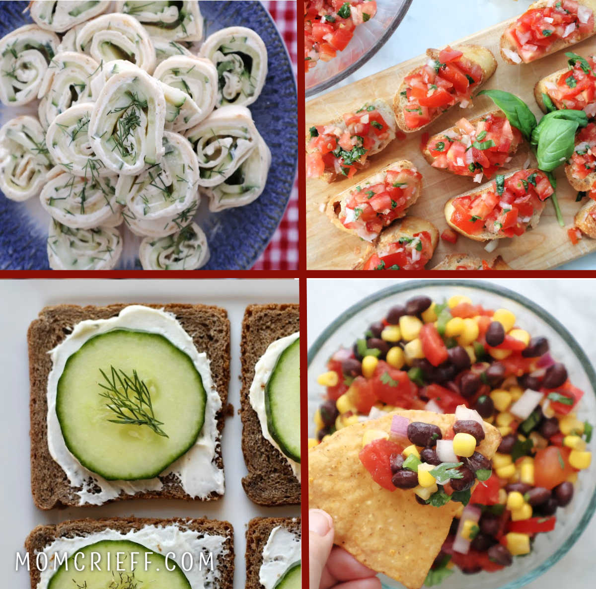 collage of party foods including cucumber pinwheels, bruschetta, cucumber appetizer and black beans and corn.
