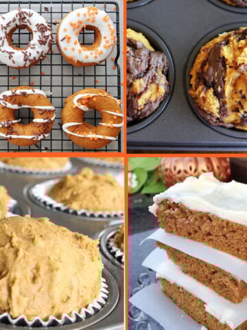 collage of pumpkin desserts showing pumpkin donuts, pumpkin nutella muffins, 2 ingredient pumpkin muffins and Paul's pumpkin squares.