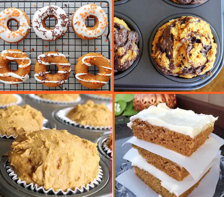 collage of pumpkin desserts showing pumpkin donuts, pumpkin nutella muffins, 2 ingredient pumpkin muffins and Paul's pumpkin squares.