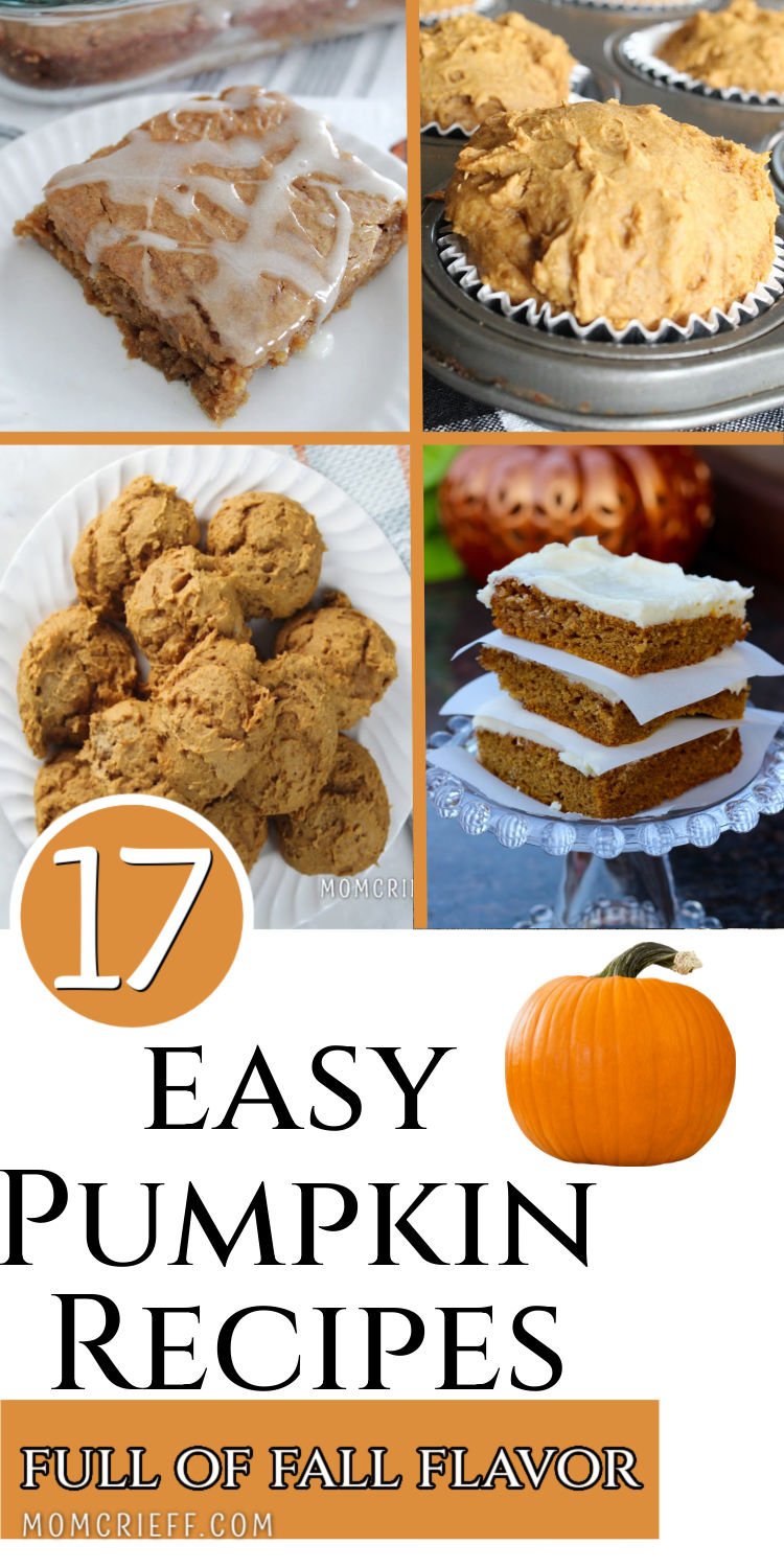 collage of pumpkin baked treats and desserts.  Included pumpkin dump cake, 2 ingredient pumpkin muffins, pumpkin quickie cookies and Paul's Pumpkin squares with cream cheese frosting. 