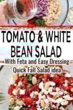 Overhead view of white bean and tomato salad with feta in a glass bowl, garnished with fresh basil and parsley.