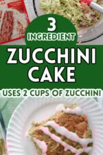 Grated zucchini being mixed into zucchini cake mix batter. Final shot of zucchini cake with icing drizzle.