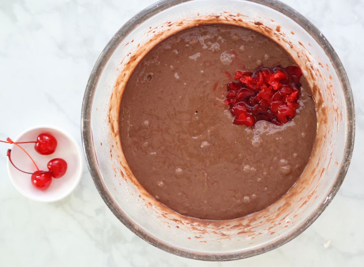 chopped cherries and cherry juice added to Dr Pepper batter.