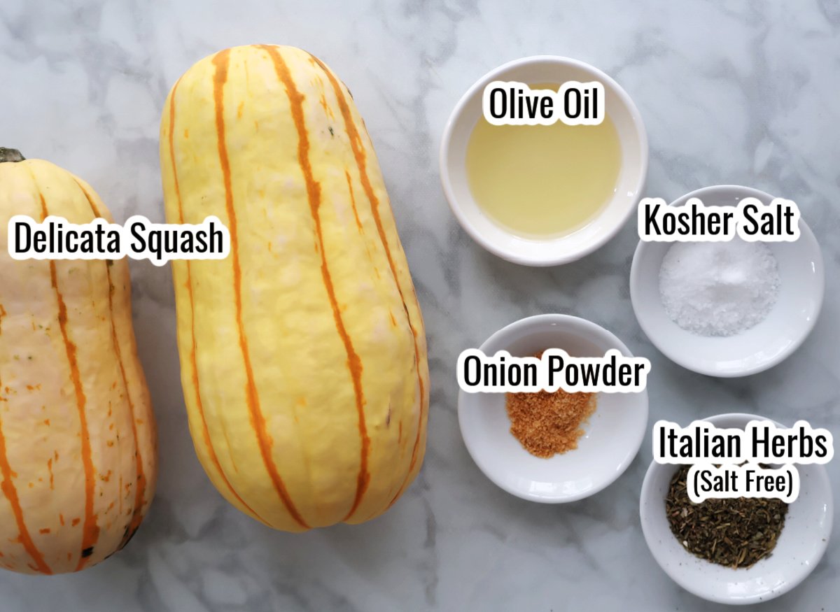Delicata squash with olive oil, Kosher salt, onion powder and Italian seasoning.