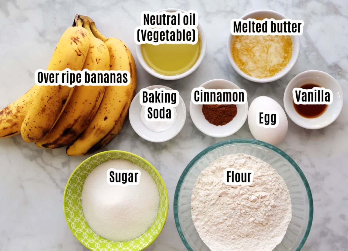 Ingredients for homemade, from scratch banana bread.