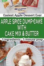 Apple spice dump cake serving on a white plate with ice cream.