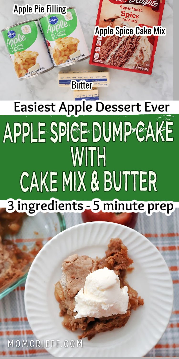 Apple spice dump cake serving on a white plate with ice cream.