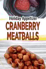 Ingredients to make cranberrry meatballs inclucing frozen meatballs, cranberry sauce and Heinz chili sauce. Also an image of cranberry meatballs on a serving tray.