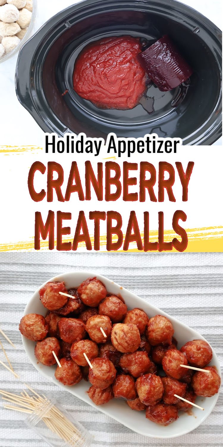 Ingredients to make cranberrry meatballs inclucing frozen meatballs, cranberry sauce and Heinz chili sauce. Also an image of cranberry meatballs on a serving tray.