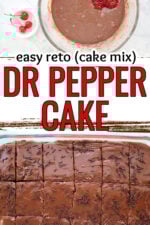 Chocolate cake batter made with Dr Pepper, with chopped cherries on top ready to fold in. Bottom image shows finished cake with boiled chocolate icing, cut into 15 pieces.