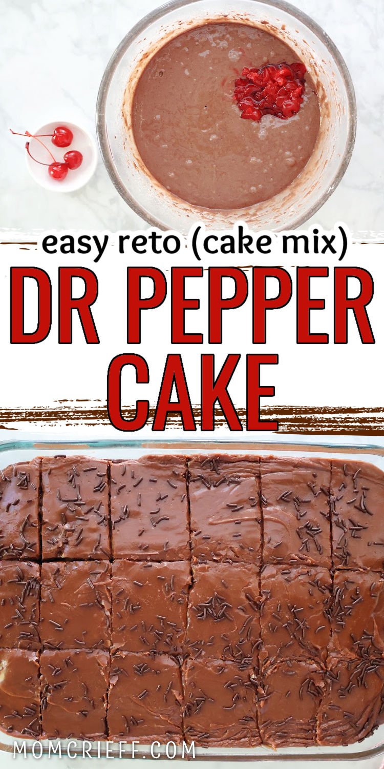 Chocolate cake batter made with Dr Pepper, with chopped cherries on top ready to fold in. Bottom image shows finished cake with boiled chocolate icing, cut into 15 pieces.