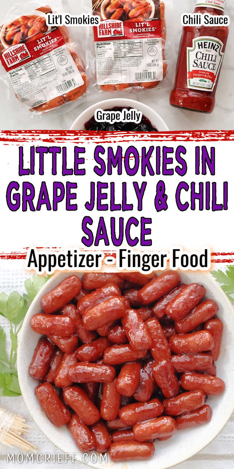 Top image of 2 ingredients for crock pot little smokies that include grape jelly, chili sauce and small sausages. Next image is of appetizer sausages coated in grape jelly chili sauce served in a white bowl with toothpicks for easy snacking.
