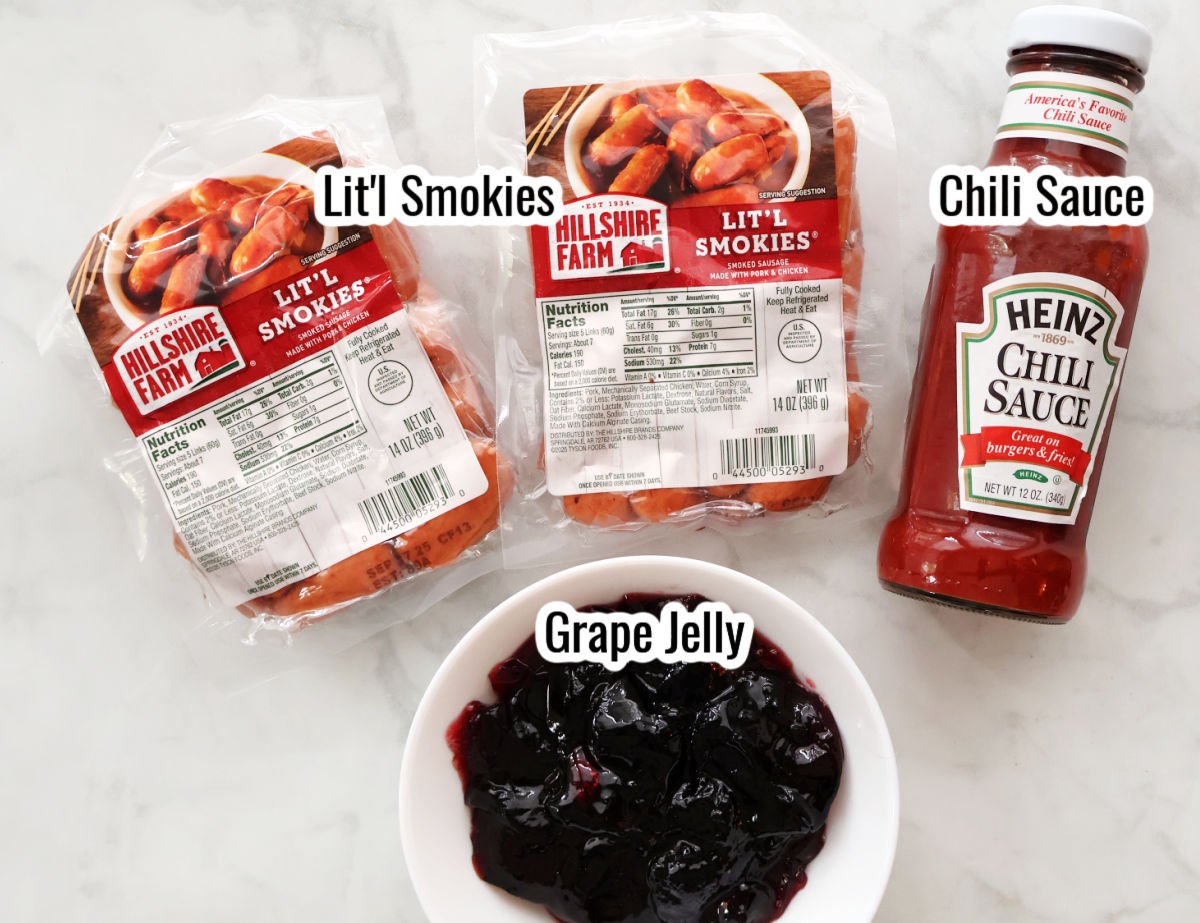 Ingredients for 3 ingredient little sausages with grape jelly and chili sauce.