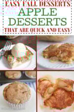 Collage of apple desserts. Includes apple squares, apple dump cake, apple muffin, apple dumplings.