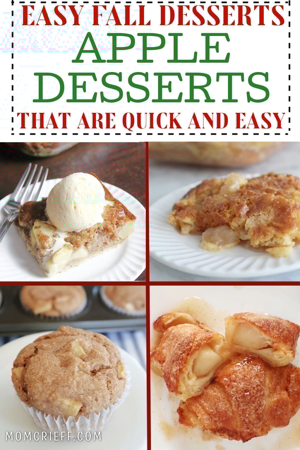 Collage of apple desserts. Includes apple squares, apple dump cake, apple muffin, apple dumplings.