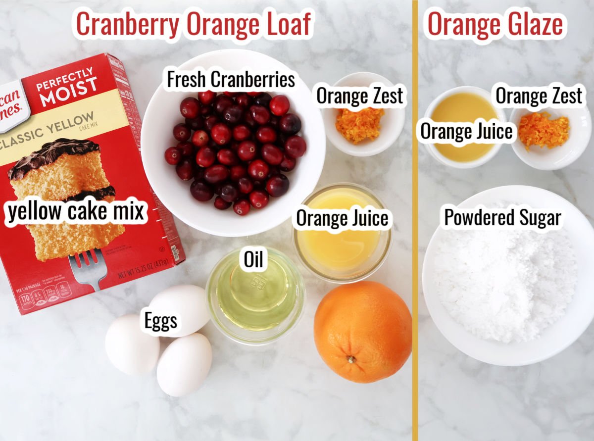 Ingredients for cranberry orange bread including yellow cake mix, eggs, orange, orange zest, and fresh cranberries.