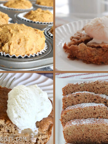 collage including spice cake mix recipes. Includes 2 ingredient pumpkin muffins, apple spice dump cake, apple spice cake and an easy banana bread.
