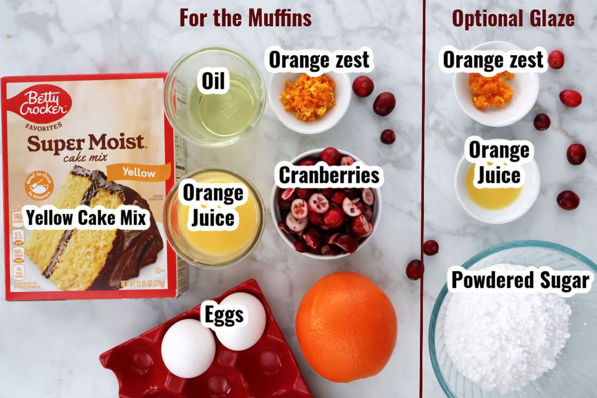 Ingredients for cranberry orange muffins plus optional orange glaze.