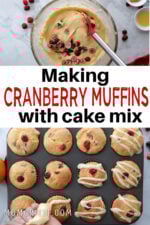 Top image showing cranberries being folded into batter. Cranberry orange muffins styled with fresh cranberries and an orange for a festive holiday feel.