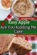 Are you Kidding Me cake with an image on the top with apple cake batter. Image on the bottom shows the tight crumb and apple pieces.